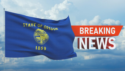Breaking news. World news with background waving flag of the states of USA. State of Oregon flag. Pandemic 3D illustration.