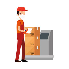 delivery worker using face mask with boxes carton in weighing machine vector illustration design