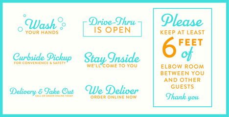 COVID-19 Corona Virus Messaging Typography Set II - Wash Your Hands, Drive-Thru Open, Curbside Pickup, Stay Inside, Delivery+Take Out, 6 feet