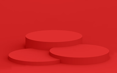 3d red cylinder podium minimal studio background. Abstract 3d geometric shape object illustration render. Display for summer holiday product.