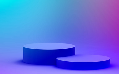 3d purple blue neon light cylinder podium minimal studio gradient dark colors background. Abstract 3d geometric shape object illustration render. Display for nightclub party and technology product.