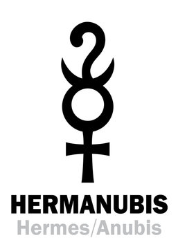 Astrology Alphabet: HERMANUBIS (Hermes+Anubis), the Greek-Egyptian syncretic deity of Truth, the conductor of souls to The Underworld. Hieroglyphic character sign (original symbol).