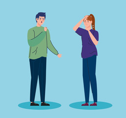 young couple sick avatar characters vector illustration design