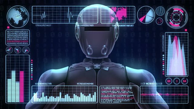 Robot Includes a Futuristic User Interface With the Word Virus. 3d Animation Rendering
