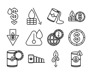 arrows and oil crash icon set, line style