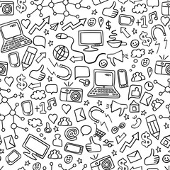 Social media doodles seamless pattern. Computer technology hand drawn background. Vector illustration.