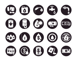 oil faucets and oil crash icon set, silhouette style