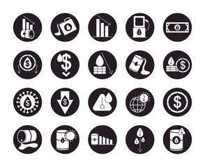 coronavirus and oil crash icon set, silhouette style