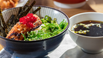 Asian dish, miso salmon with wild rice