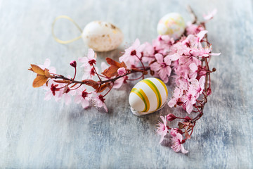  Easter Decoration. Rustic wooden background.