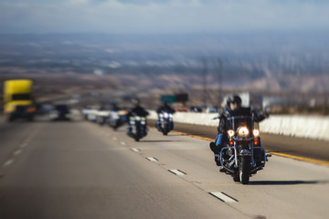 Band of bikers riding on the interstate road, California, group of motorcycles on the Highway, on the way to Las Vegas from Los Angeles in San Bernardino city, California, United States, biker concept