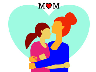 Vector drawn flat design women happy Mother’s Day, beautiful love mother and daughter hug cuddle full of heart and love pattern  