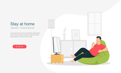 Relaxing at home vector concept illustration. young man watching movie with drink a coffee.