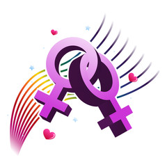 Obraz premium Vector representation of women homosexuality with a pink 3D intertwined female symbol, a curvy rainbow, hearts and small stars.
