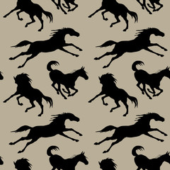 black silhouettes of sports horses  isolated on a colored background, pattern for decoration, Equestrian sports