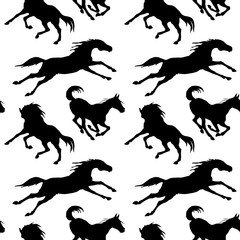black silhouettes of sports horses  isolated on a white background, pattern for decoration, Equestrian sports