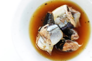 Japanese canned food, simmered pacific saury for emergency food