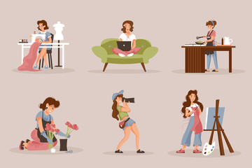 Set of girls doing hobby at home. Seamstress, artist, cook, freelancer, photographer, florist