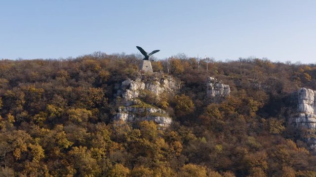 Turul bird monument near Tatabanya, Hungary, aerial view drone footage
