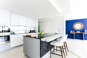 Blue feature wall in an apartment