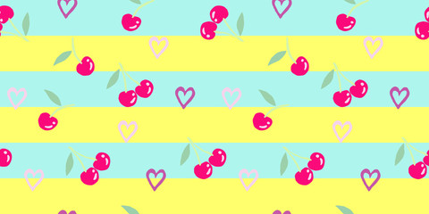 Seamless cherry vector pattern with hearts. Hand drawn fruit pink blue purple yellow art for wallpaper textile fabric designs. Cute vector illustrations in cartoon style.
