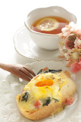 Homemade cheese and poached egg toast for gourmet breakfast