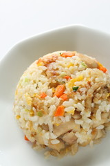 Chinese food, chicken and carrot fried rice on white plate