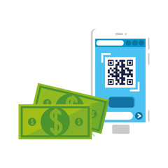 qr code inside smartphone and bills design of technology scan information business price communication barcode digital and data theme Vector illustration