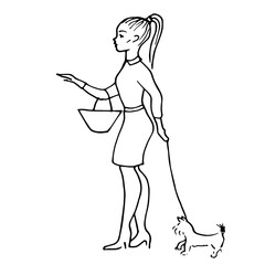 a girl with a small dog on a leash.a woman walks a pet. vector illustration contour isolated on a white background