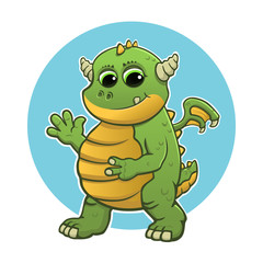 Vector drawing of a cute young green dragon with horns and small wings waving and doing a peace sign. Can represent a fairy tale, a mythological creature, a legendary monster and medieval fantasy.