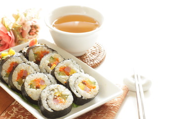 Korean food, ham and vegetable rice roll