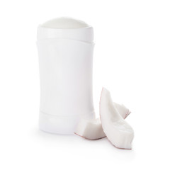 Deodorant and coconut on white background