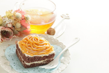 Halloween confectionery, pumpkin paste and chocolate cake