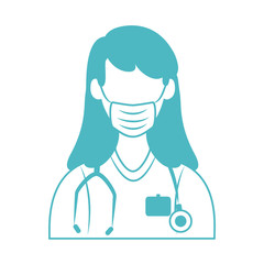online doctor, female doctor with mask and stethoscope consultant medical protection covid 19, line style icon