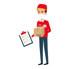 delivery worker using face mask with box carton and clipboard vector illustration design