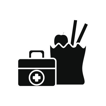 Humanitarian Aid Concept, First Aid Box And Bag With Groceries Icon, Silhouette Style