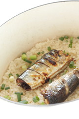 Japanese food, pacific saury and steamed rice 
