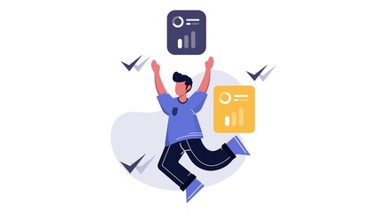 Young people flying and interacting with data information. Business and work flow management concept illustration