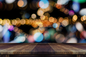 Blank wooden table on top with blurred abstract background for product display, important image formats, editing of word processing, for Christmas, New Year, Valentine Happiness. and bokeh backdrop.