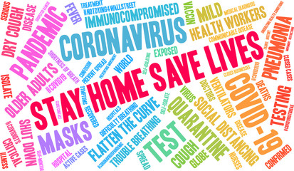 Stay Home Save Lives word cloud on a white background. . 