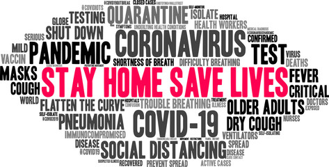 Stay Home Save Lives word cloud on a white background. 