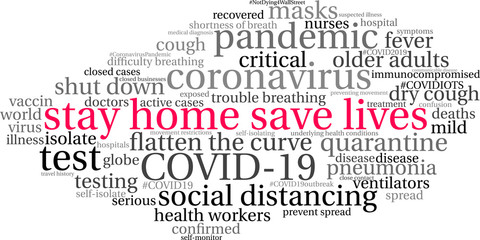 Stay Home Save Lives word cloud on a white background. . 