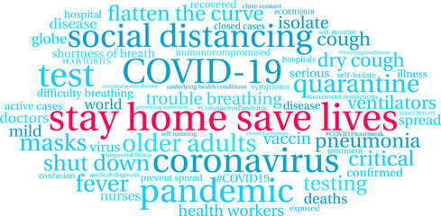 Stay Home Save Lives word cloud on a white background. 
