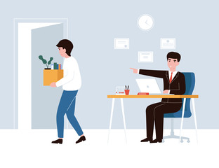Sad worker lose a job and carrying box with his things. Angry boss sitting at the desk and dismisses employee. Flat vector cartoon modern concept illustration.