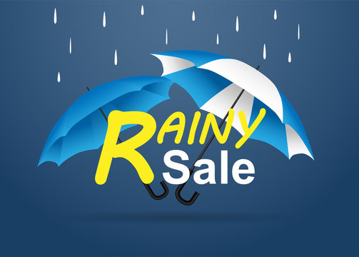 monsoon season sale. design with raining drops, umbrella and rain clouds on blue background. vector.
