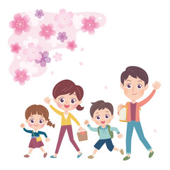 Fototapeta premium Illustration of a family of four enjoying watching the Japanese cherry tree