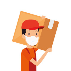 delivery worker using face mask with box carton vector illustration design