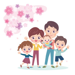 Illustration of a family of five enjoying watching the Japanese cherry tree