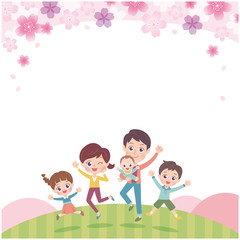 llustration of a family of five enjoying watching the Japanese cherry tree at the summit