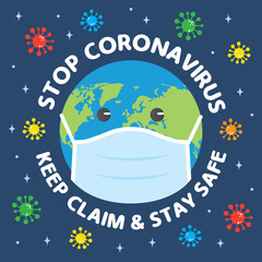 COVID-19 prevention promo poster design, with earth wearing protective face masks.